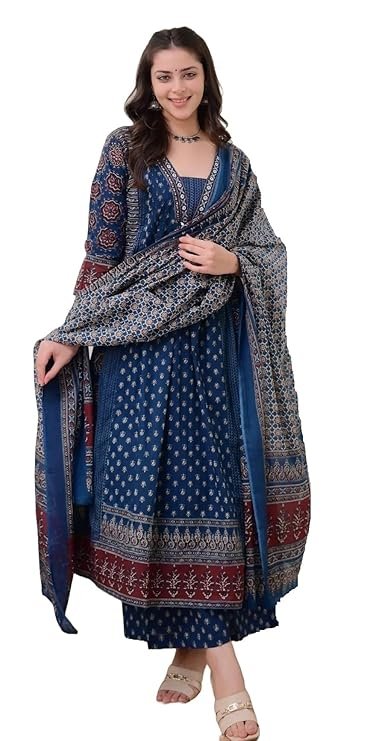 KLOSIA Women's Rayon Printed Anarkali Kurta and Pant with Dupatta Set