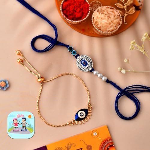 CraftVatika Bhaiya Bhabhi Evil Eye Rakhi Magnet Combo Set with Gift